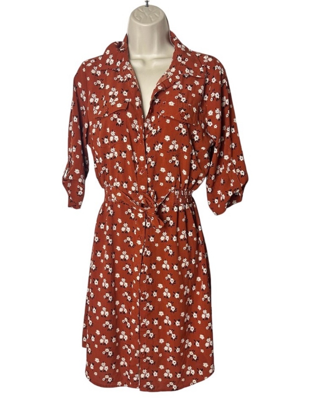 Rust Floral Button-Front Midi Dress with Tie Waist